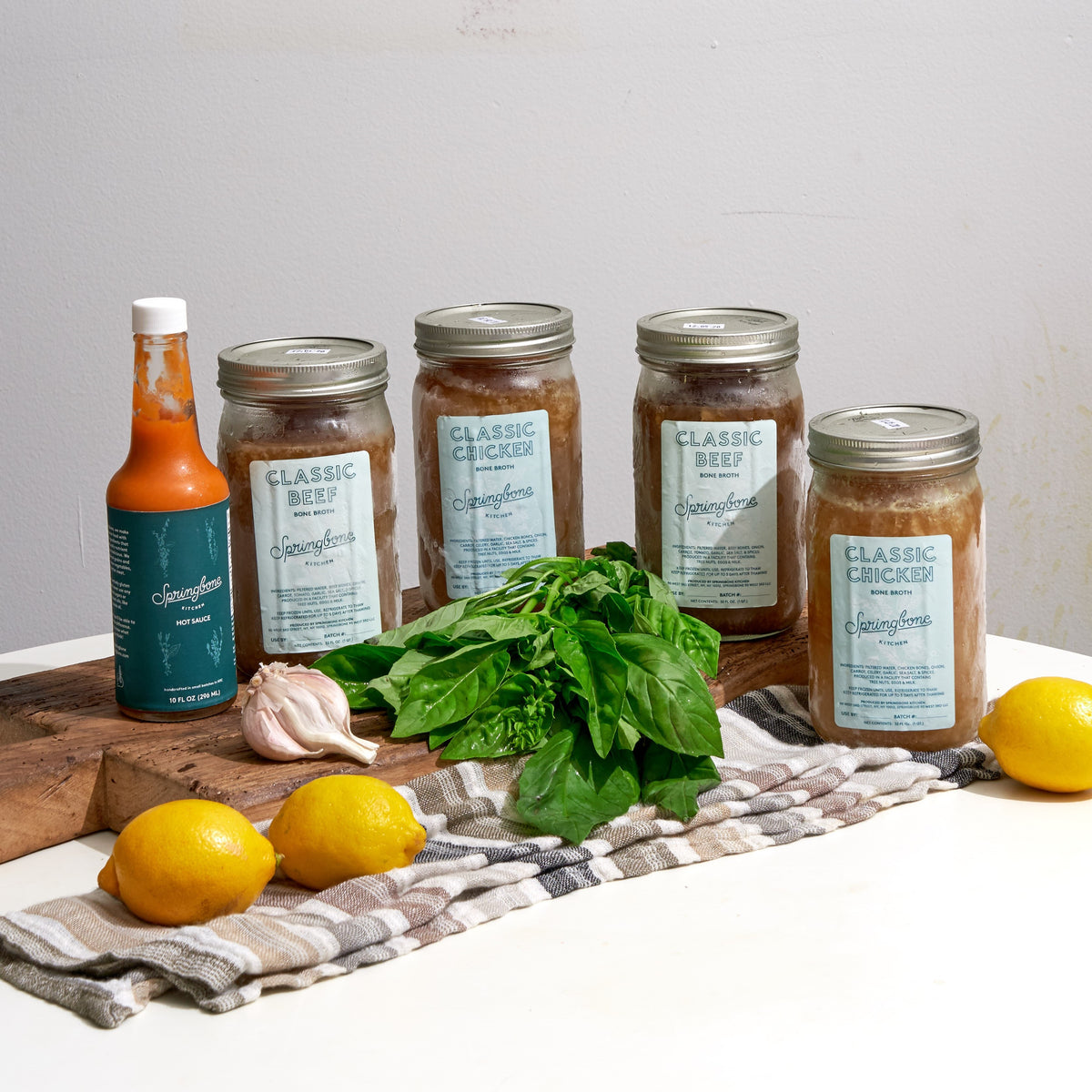Springbone Kitchen Merch Springbone Bundle (4 Broths + Hot Sauce)